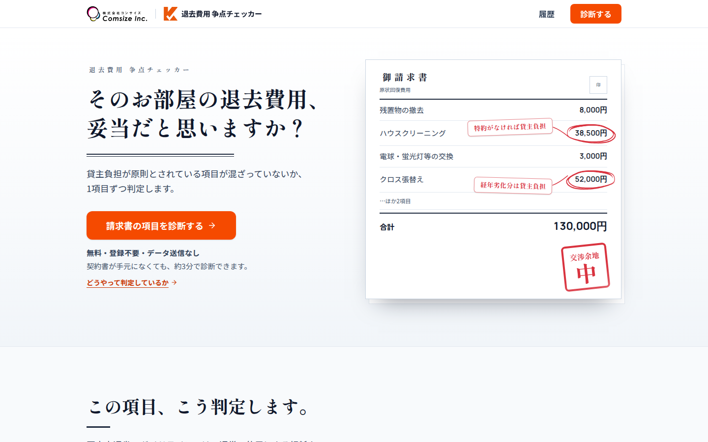 退去費用 争点チェッカーのトップページ。「そのお部屋の退去費用、妥当だと思いますか？」の見出しと、赤入れされた請求書のイメージ