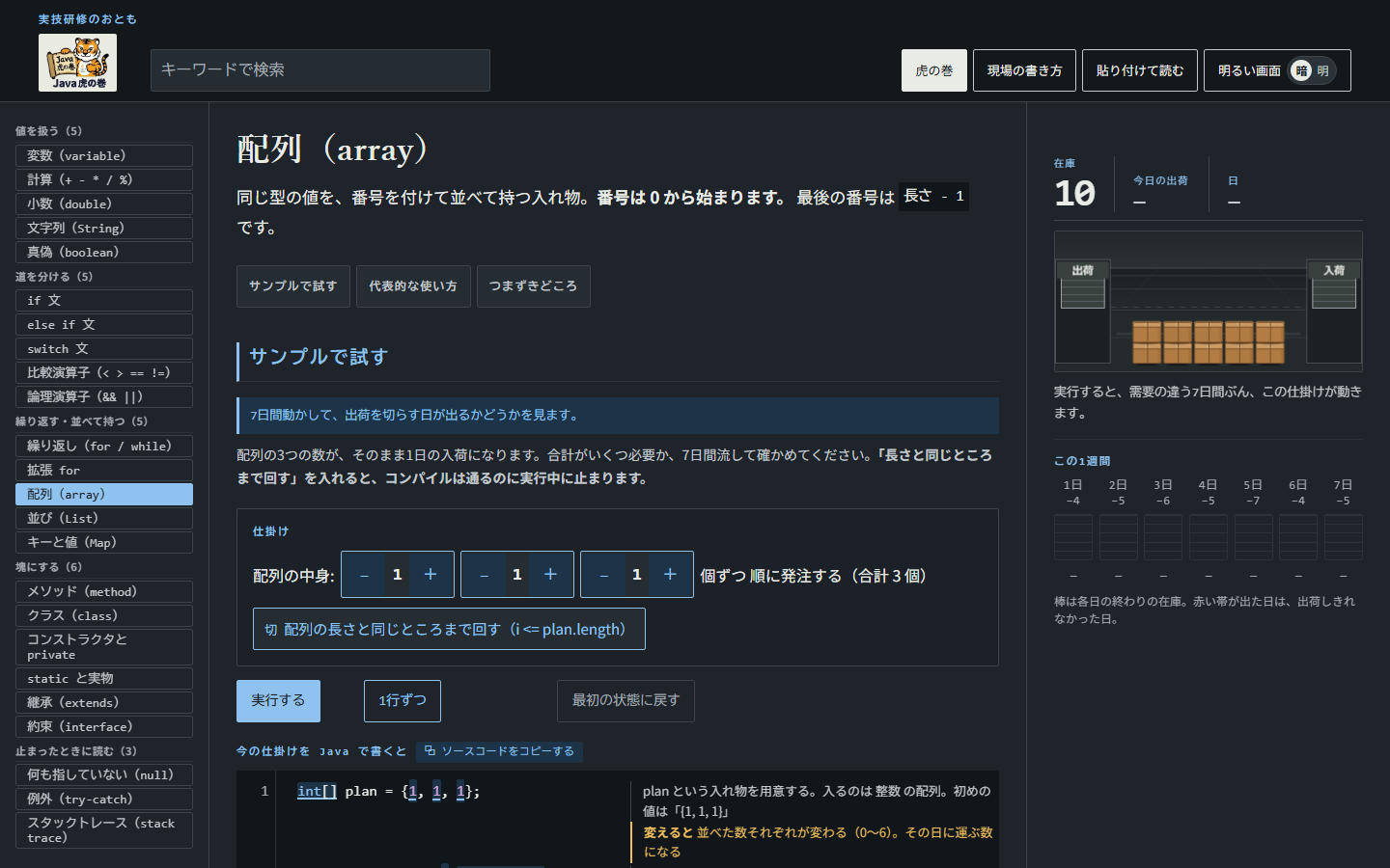 虎の巻の配列（array）の画面。左に24項目の目次、中央に説明と動かせるサンプル、右に倉庫の在庫と1週間の推移が並んでいる