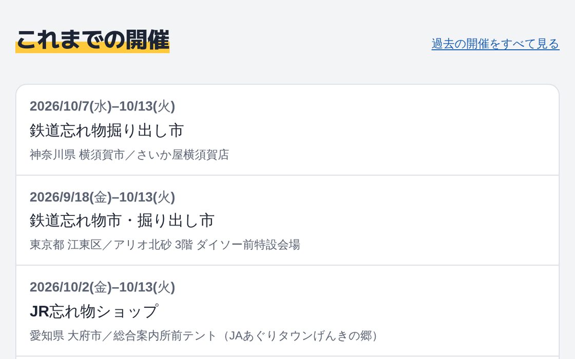 これまでの開催の一覧。終わった忘れ物市の会期・名前・会場